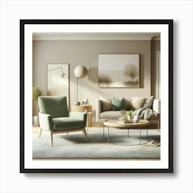 A beautiful living room with a green armchair, a sofa, a coffee table, a lamp, and a rug. The walls are painted in a light beige color and the furniture is made of wood. The room is decorated with plants and artwork. The overall effect is one of peace and tranquility. Art Print