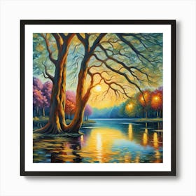 Sunset Silhouettes - Reflective Water and Bare Trees Canvas Print | Tranquil Evening Landscape wall Art Art Print