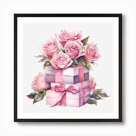 Pink Roses In A Gift Box 4 Art Print