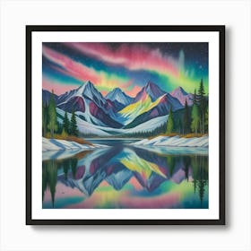 Aurora Over Snow Capped Peaks A Tranquil Mountain Reflection (3) Art Print