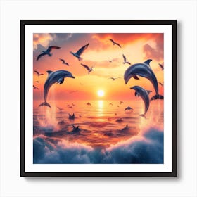 Sunset with Dolphins Art Print