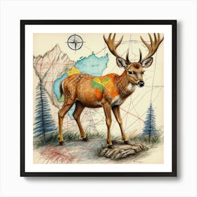 Deer On The Map Art Print