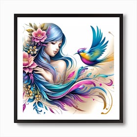 Girl With Flowers And A Bird Art Print