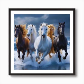 White, brown and Black Horses On The Beach Art Print