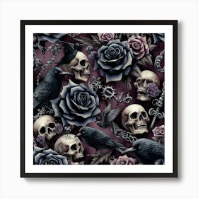 Gothic Skulls And Black Roses Pattern Art Print