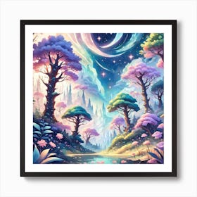 A Fantasy Forest With Twinkling Stars In Pastel Tone Square Composition 34 Art Print