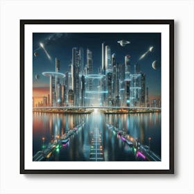 A futuristic cityscape with glowing buildings, bridges, and flying vehicles. 1 Art Print