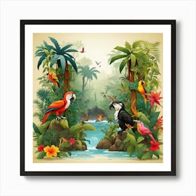 Tropical Parrots In The Jungle Art Print