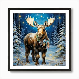 Baby Moose Adorned With Festive Ribbons Amid A Snow Laden Forest Twinkling Lights Woven Between Fro Art Print