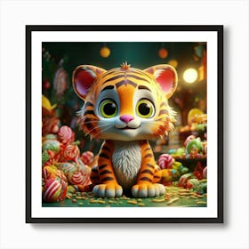 Firefly 3d, Animated, Cute, Little, Happy, Green, Tiger, Yellow Eyes, Candy, Store, Whimsical, Playf Art Print