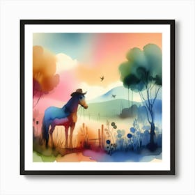 Watercolor Horse In The Field Art Print