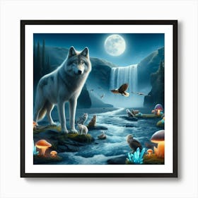 Wolf on the Mushroom Crystal Riverbank 2 Art Print