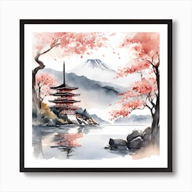 Watercolor Of Japanese Pagoda Art Print