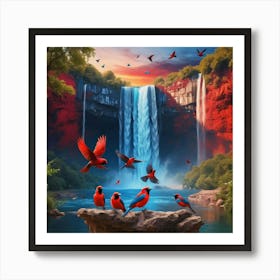 Wild Waterfall Landscape Nature With Blue And Red Birds Square On Sunset 1 Art Print