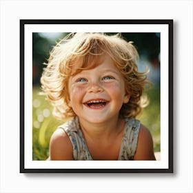 Strawberry Blond Child With Bright Blue Eyes Dusting Of Freckles Across The Nose Candid Laughter C Art Print