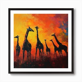 Giraffe Silhouettes In The Sunset 2 Art Print