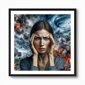 A Realistic Image Of A Woman In A State Of Stress, With Her Hands Pressing Against Her Temples Poster