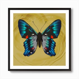 Mechanical Blue Butterfly The Ancyluris Meliboeus On A Yellow Background Art Print