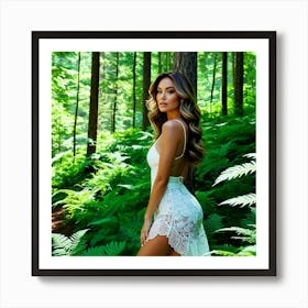 Beautiful Woman In White Dress In The Forest Art Print