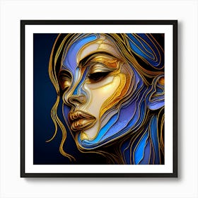 Face Portrait Of A Lady In Style - Stained Glass Effect With Golden Lines, And Orange, Blue, Purple, And Golden Colors On a Deep Blue Background With A Touch Of Abstraction. An Amazing Piece Of Art. Art Print
