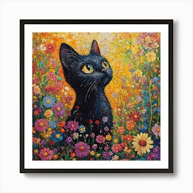 Black Cat In A Flower Field Art Print