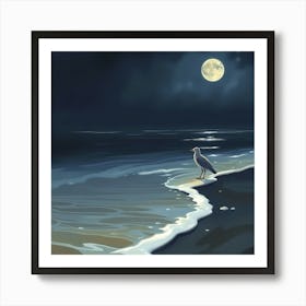 Seagull On The Beach At Night Art Print