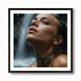 Macro portrait, top-down view, woman aged twenty-five years, tattooed, wet hair, in a waterfall, water, drops, splash Art Print