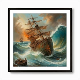 Giant Shipwreck Enormous Waves Ride Forcefully Against Boat Art Print