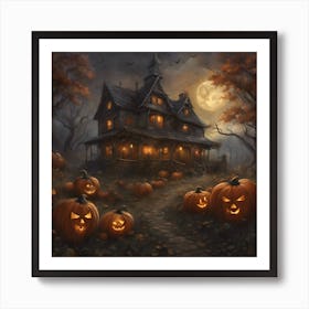 Halloween atmosphere, scary house and pumpkin Art Print