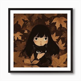 Autumn Girl With Cat Art Print