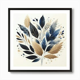 Blue And Gold Leaves 1 Art Print