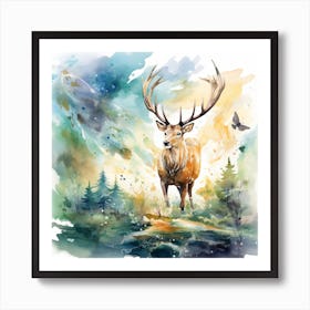 Watercolor Deer In The Forest Art Print