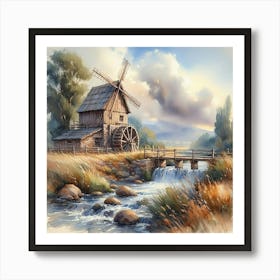 Windmill By The Stream Art Print