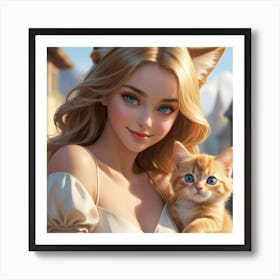 Cute Girl With Cat Art Print