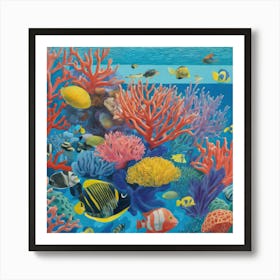 David Hockney Style: A Vibrant Coral Reef Teeming With Marine Life 1 Art Print