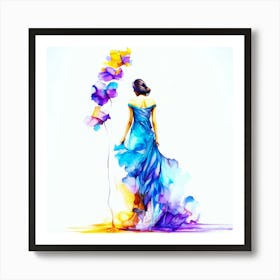 Pansy Fall Flowers - Woman In Blue Dress Art Print