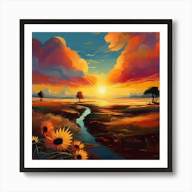 Sunset With Sunflowers Art Print