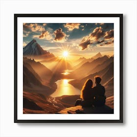 Couple Sitting On Cliff Overlooking Lake Art Print