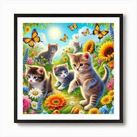 Curious Kittens In Bloom Wall Art Playful Kittens Exploring A Garden, Perfect For Animal Lovers And Nature Inspired Spaces Art Print Art Print