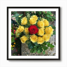 Top Down View Of Vibrant Yellow And Red Rose Bouquet Art Print