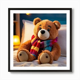 Cartoonish Bear Adorned With A Vibrant Scarf Nestled In An Over Sized Bed Plush And Fluffy Captur Art Print