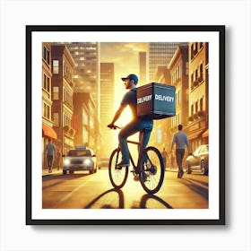 Urban Food Delivery Wall Art: A Dynamic Rider in Action at Sunset for Modern Lifestyle and City Decor Print Art Art Print