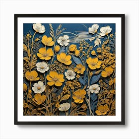 Linocut Flower Meadow Mustard Blue Art Print Art Print