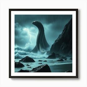 Stormy Beach With Giant Sea Serpent Art Print