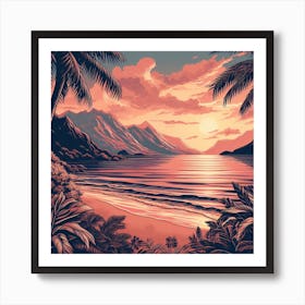 Evening Rosegold Beach at sunset amidst the mountains in an art print 5 Art Print