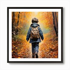 Pastel Drawing Of Autistic Child With Rucksack Walking Through Autumn Wood With Leaves Falling With(1) Art Print