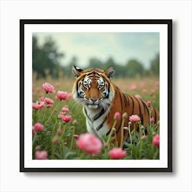 Tiger In A Meadow Of Peonies 1 Art Print