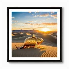 Elephant Sized Goldfish Float Amidst Undulating Sand Dunes Surreal Desert Landscape Stretched Beyon Art Print