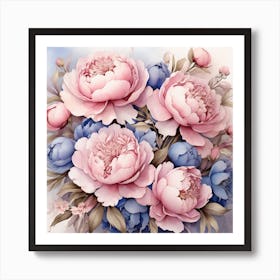 A Stunning Bouquet Of Pink Peonies And Blue Flowers, Each Petal Delicately Rendered In A Watercolor Style, Creating A Dreamy And Ethereal Atmosphere Art Print