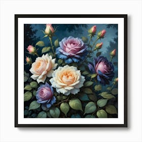 Vintage Midnight Summer Botanical Roses Garden Art Print 1 Art Print